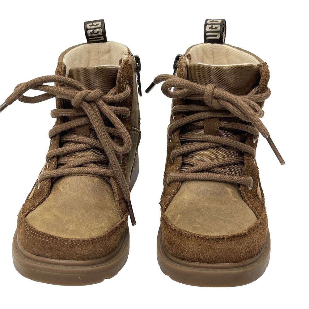 Ugg Robley Unisex Kids 10 Brown Leather Lace-Up Zipper All Weather Shoes Boots - Picture 2 of 9
